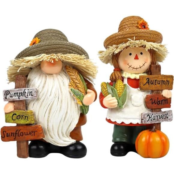 New Thanksgiving Fall Gnome Decorations Harvest Scarecrow Figurines 2 PCS Autumn - Picture 1 of 7